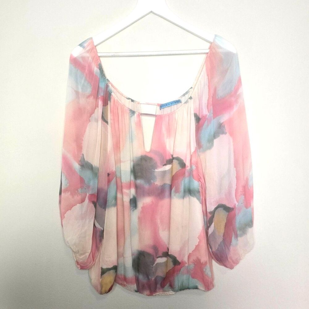 ALICE + OLIVIA 100% Silk Watercolor Abstract Off The Shoulder Keyhole Blouse